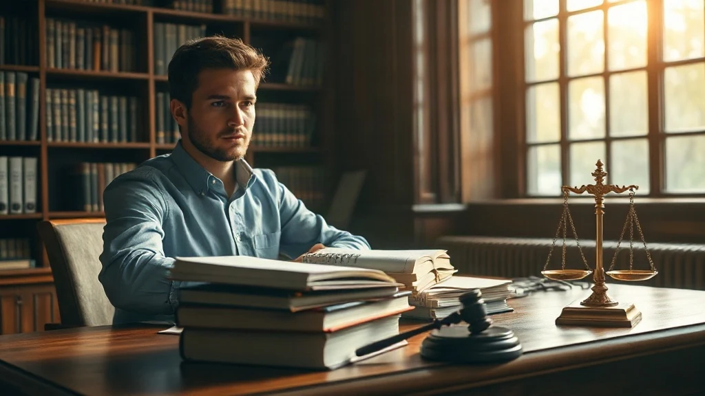 Law student preparing for civil judge exam with books and gavel